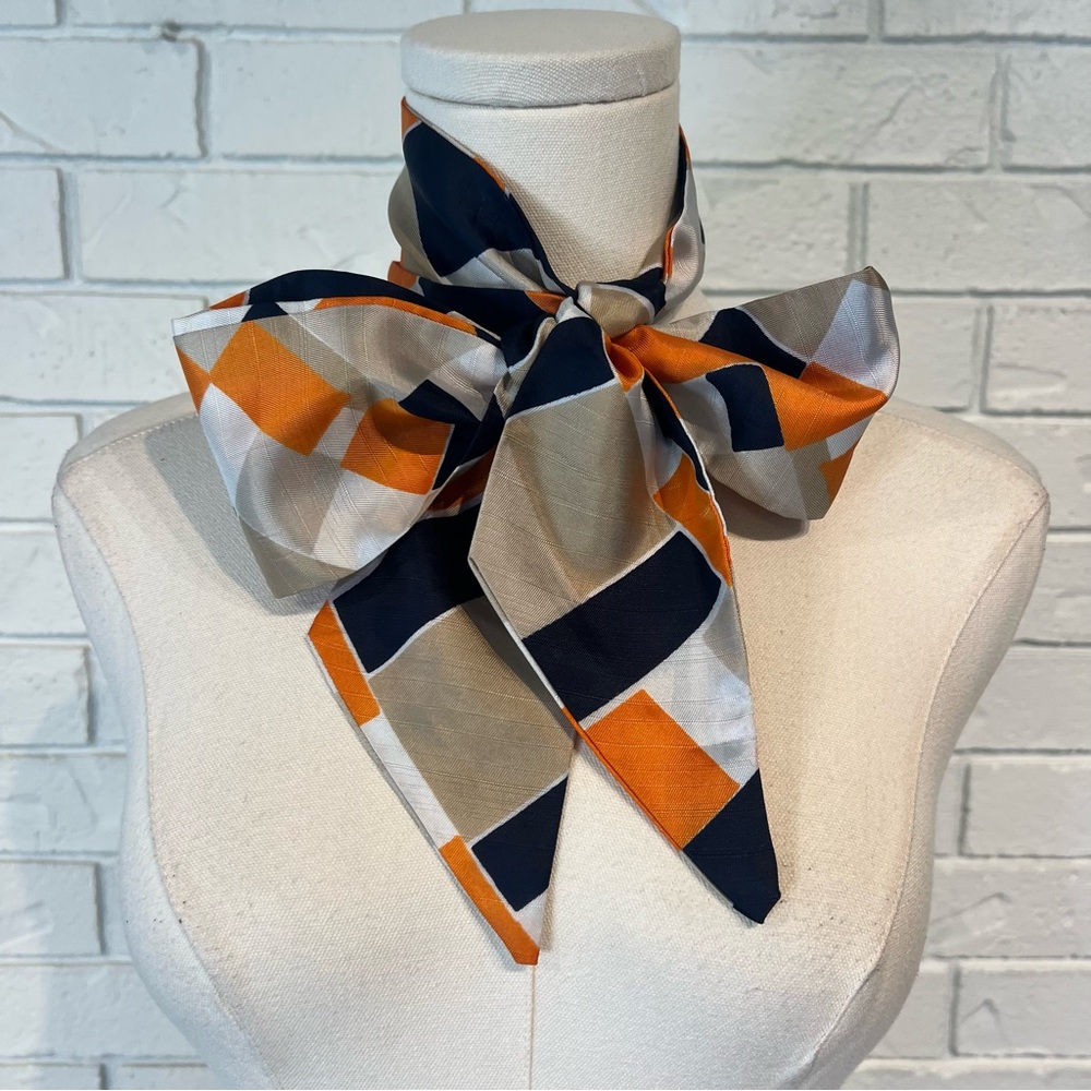 Vintage 60s 70s Geometric Patterned Silk Scarf Tie Bow Orange Navy Beige